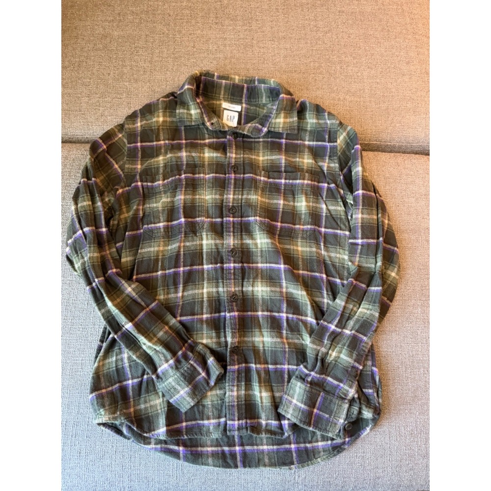 Gap Untucked Flannel Shirt Mens Medium Green Purple Plaid Button Down 0358